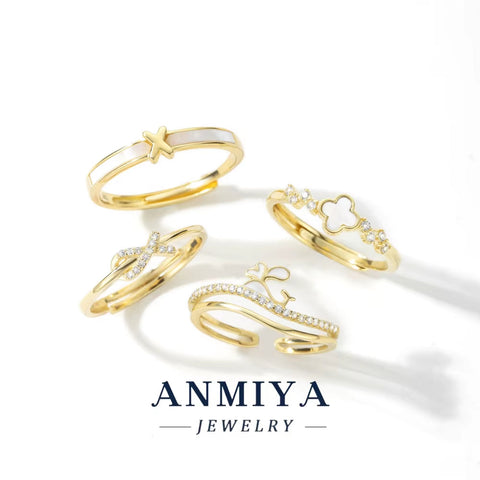 ANMIYA 925 Sterling Silver 18K Gold Plated Cubic Zirconia Clover Ring Twisted Eternity Band Ring for Women