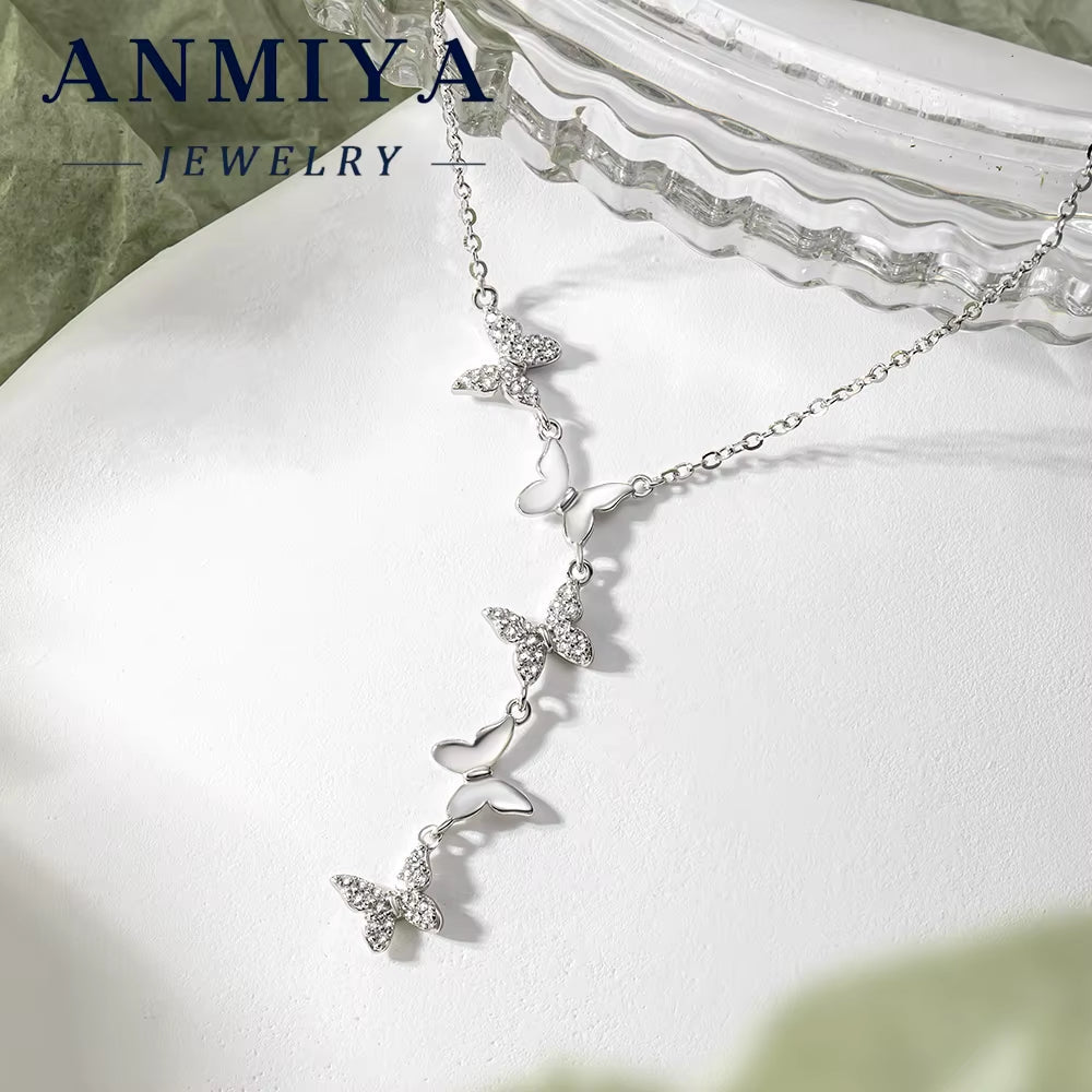 ANMIYA 925 Sterling Silver Butterfly Five Hanging Pendant Necklace with Zirconia Inlay Necklace