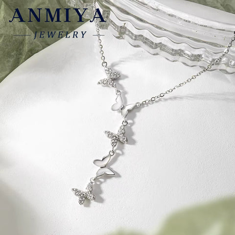 ANMIYA 925 Sterling Silver Butterfly Five Hanging Pendant Necklace with Zirconia Inlay Necklace