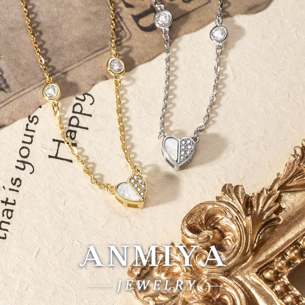 New 925 Sterling Silver Women'S Heart Shaped White Shell Zircon Pendant Charms for Necklace for Couples Valentine'S Day