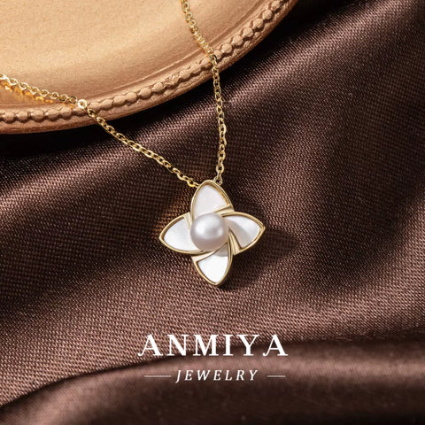 ANMIYA Accessory Jewelry Sterling 925 Inoxidable Flower Shape Freshwater Pearl Fashionable Necklace and Earrings Set