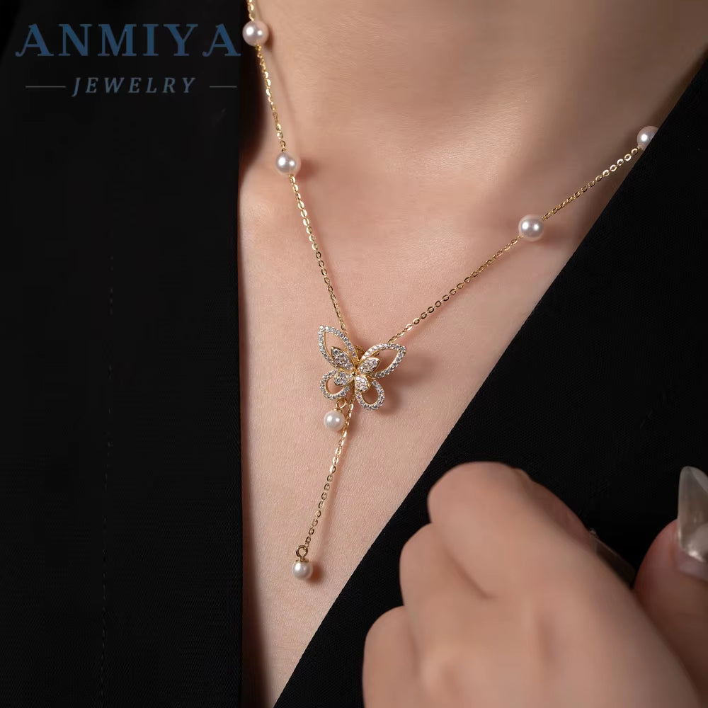 Wholesale Silver Necklace Women 925 Sterling Silver Full Zircon Pearl Butterfly Pendant Necklace Gold Plated Chain Necklaces