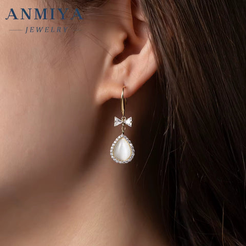 High Quality 925 Sterling Silver 18K Gold Jewelry Natural Freshwater Pearl Bow Earrings Hooks Dangle Drop Earing