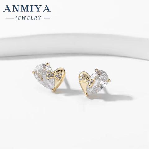 Women Simple Fine Jewelry Diamond Cubic Zircon Stone Elegant 925 Sterling Silver Heart Shaped Stud Earrings for Girls