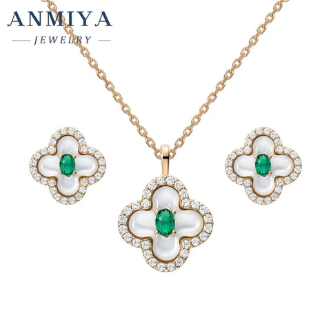 Customized Elegant New Tide Green Zircon Four Leaf Clover Necklace and Earrings Sets 925 Silver for Women