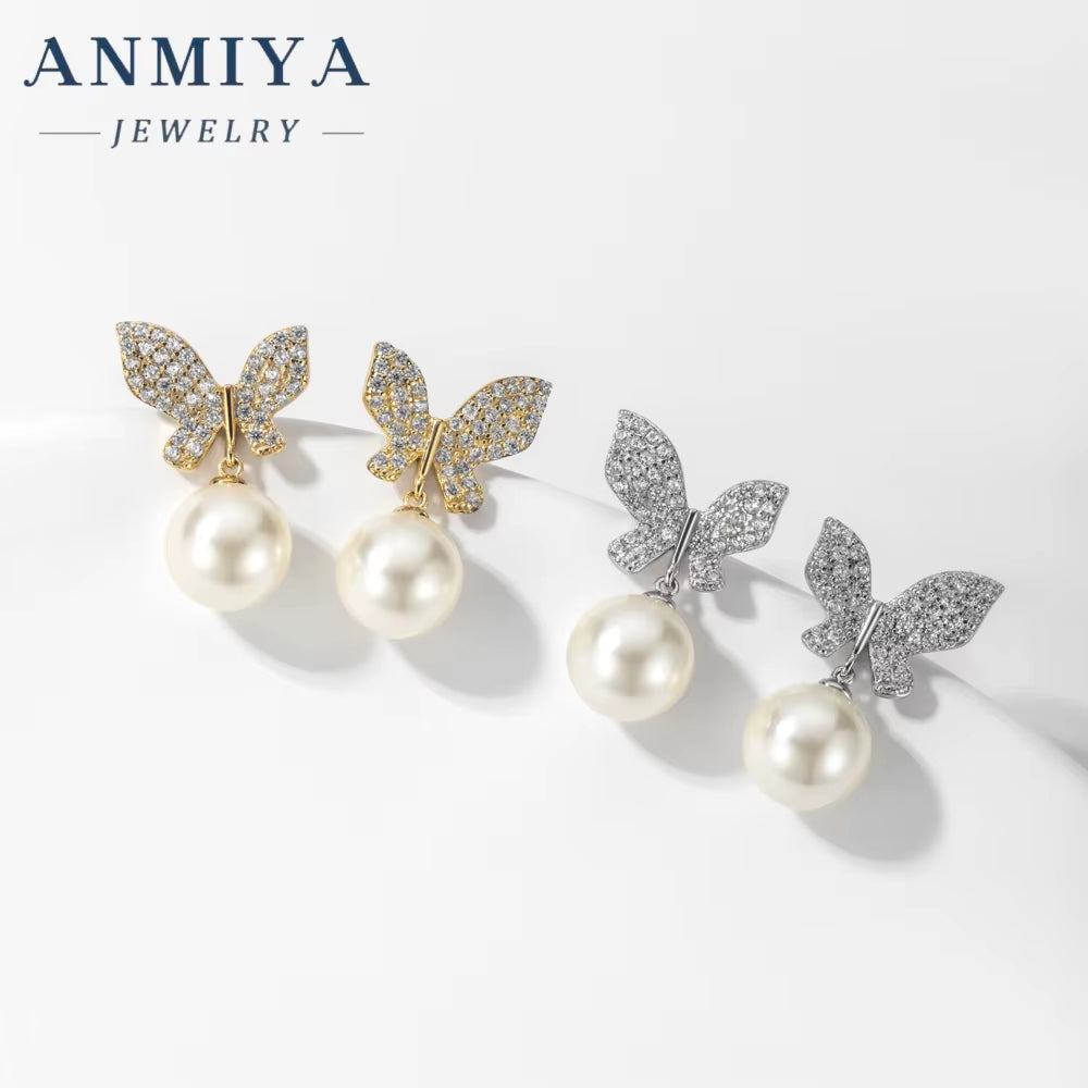 ANMIYA Best Selling Butterfly Water Resistant Zirconia Cute Sweet Earrings Stud 925 Silver High Quality Earring for Women Summer
