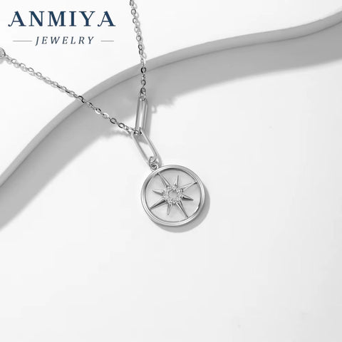 Female 925 Sterling Silver Women Dainty round Star Sun Shine Pendant Necklace for Women