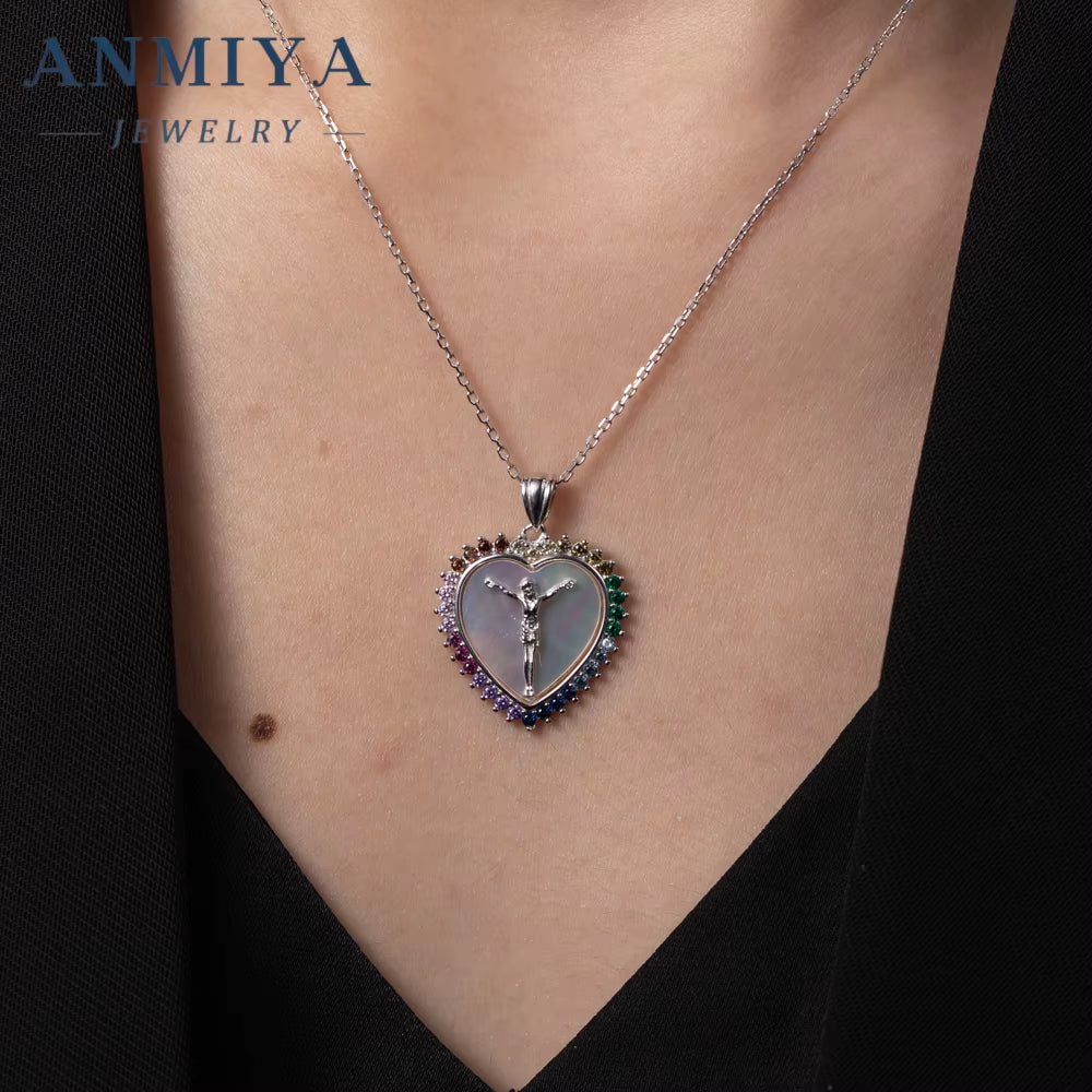 ANMIYA Women'S 925 Sterling Silver Jesus Heart-Shape Zircon Necklace New Design Fashion Jewelry for Wedding Party Engagement