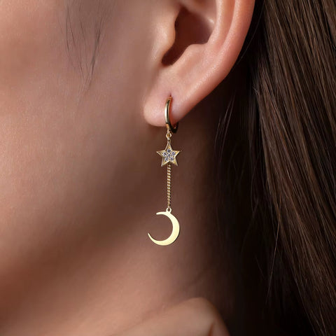 Topsale 18K Gold Plated 925 Sterling Silver Jewelry Fine Moon Star Dangle Pave Blue Zircon Hoop Tassel Chain Earrings
