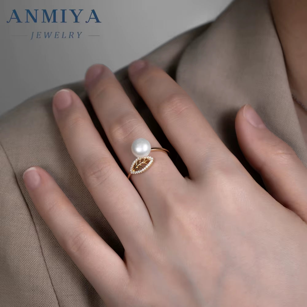Leaf Shape Design Adjustable Open Ring 925 Sterling Silver with Pearl Bead Elegant Festival Jewelry for Wholesale