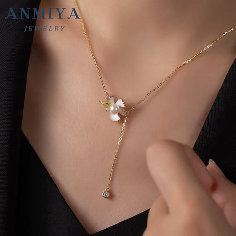 ANMIYA Women'S 18K Gold Plated Link Chain Necklace 925 Silver Tassels with Pearl Flower Pendant for Gifts