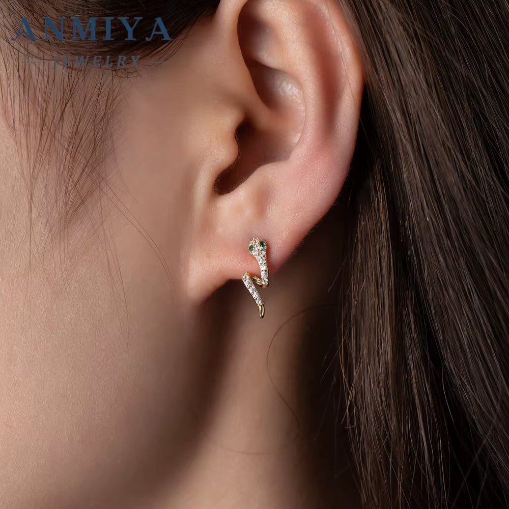New Fashion Real Gold Plating Green Eyes Snake Shape 18K Gold 925 Sterling Silver Stud Earrings Punk Women Earrings