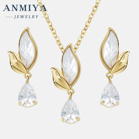 ANMIYA Long Leaf 18K Gold White Shell Drop Water Zircon 925 Silver Charm Pendant Necklace Earrings Set for Women