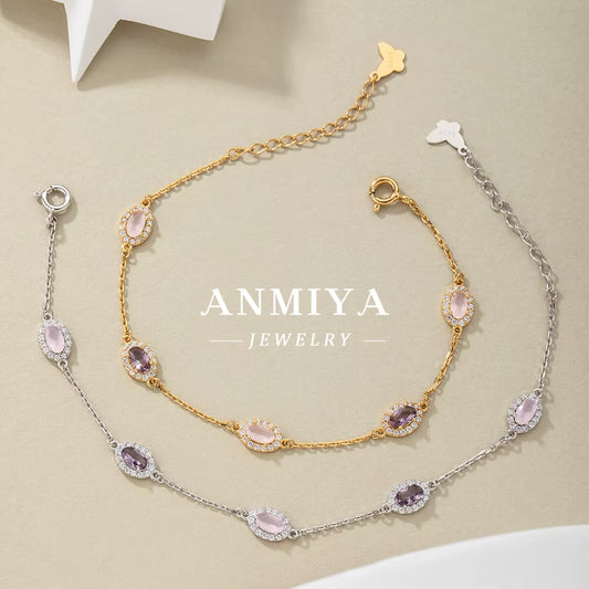 ANMIYA Custom Wholesale 925 Sterling Silver Zircon Bracelets Pink Zircon 18K Gold Link Chain Bracelets for Lovers