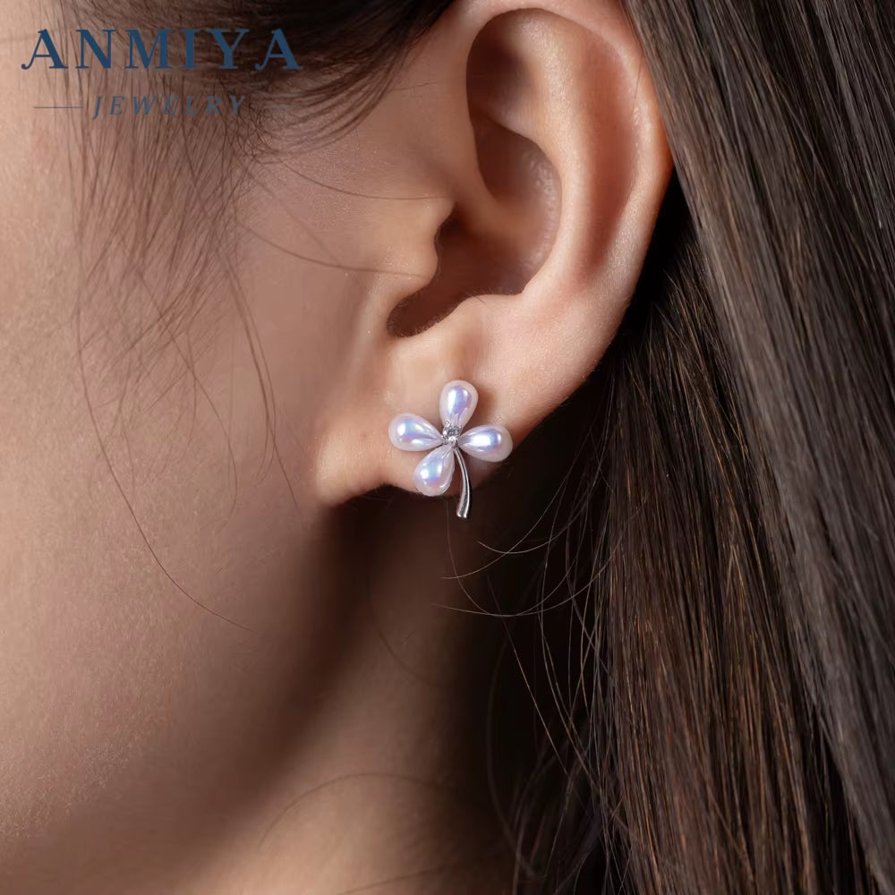 ANMIYA Earrings Silver 925 Sterling Women Zircon with Floral Stud Earrings for Girls