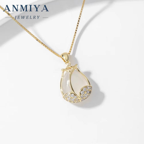 New Chalcedony Tulip Necklace Pendant Temperament Diamond 18K Gold Plated Chain Flower Necklace Birthday Gift Girl