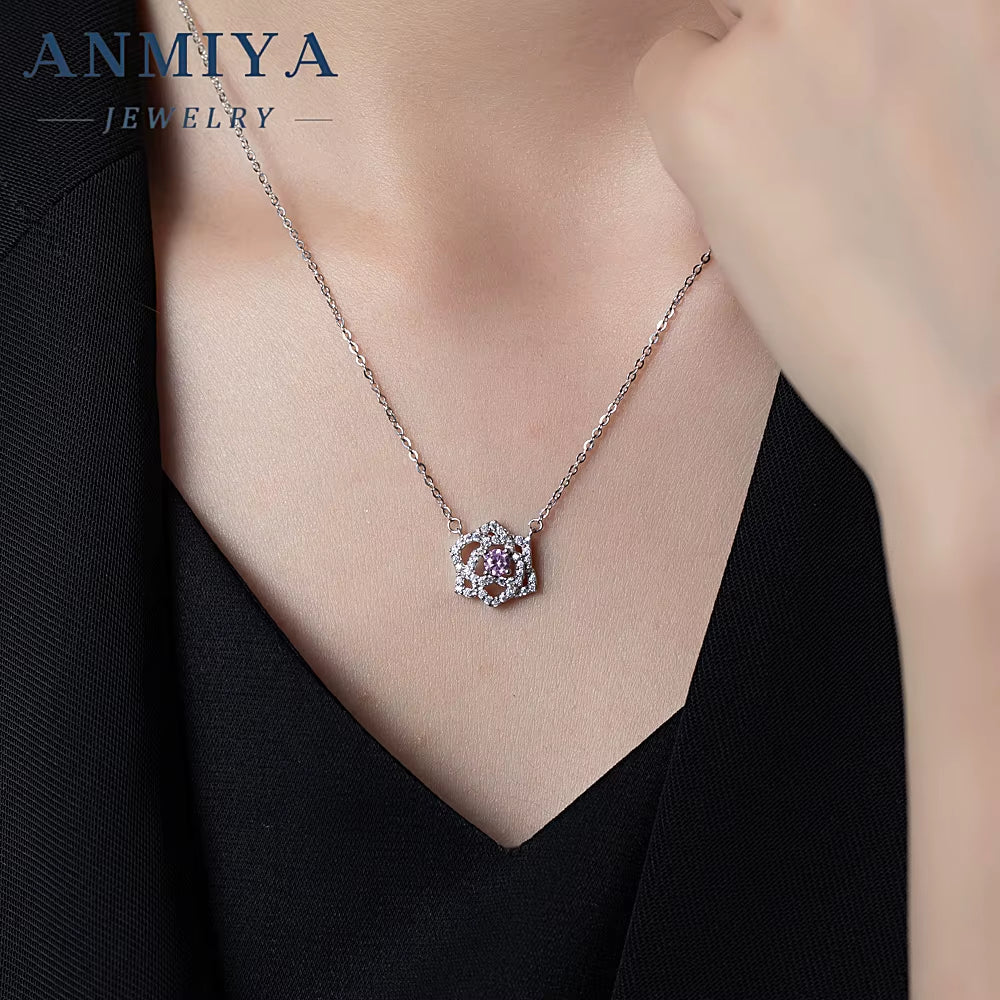 100% 925 Silver Jewelry Rose Flower Hollow Women Diamond Pendant round Brilliant Cut Necklace