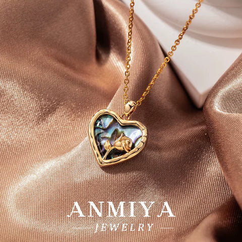 ANMIYA Unisex 18K Gold Plated 925 Silver Rose Fashion Necklace with Zircon Natural Shell Heart Cute Style for Weddings Parties