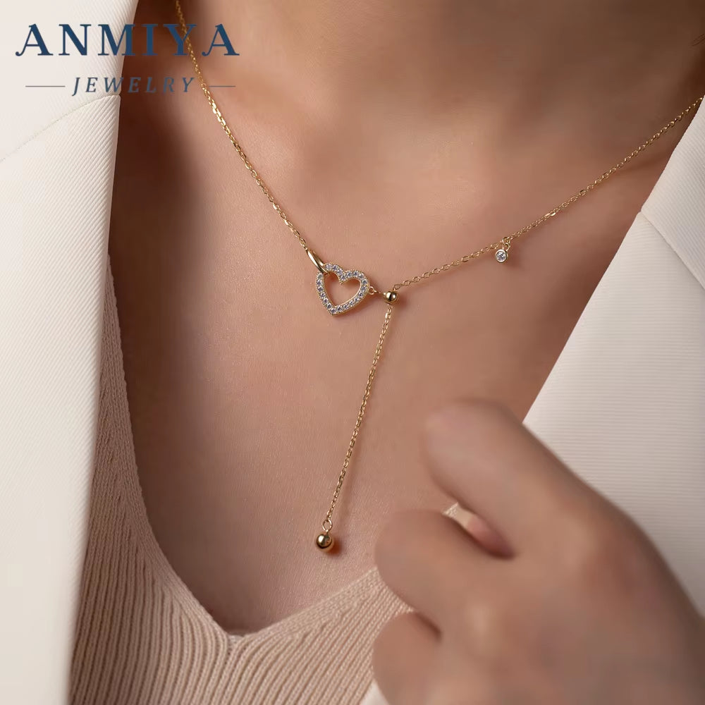 ANMIYA Fashion 18K Gold Plated S925 Sterling Silver Tassel Clavicle Chains Heart Pendant Designer S925 Heart Necklace for Women