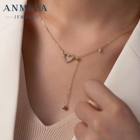 ANMIYA Fashion 18K Gold Plated S925 Sterling Silver Tassel Clavicle Chains Heart Pendant Designer S925 Heart Necklace for Women