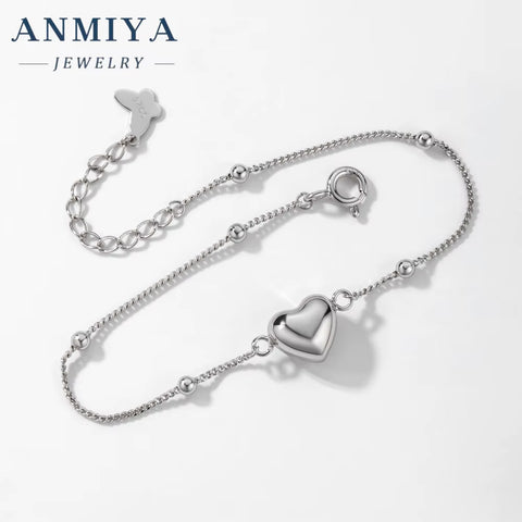 ANMIYA Ins Niche Girl'S Heart Bracelet Waterproof Heart Charm Chain Bangles 925 Silver Women Fine Fashion Bracelet