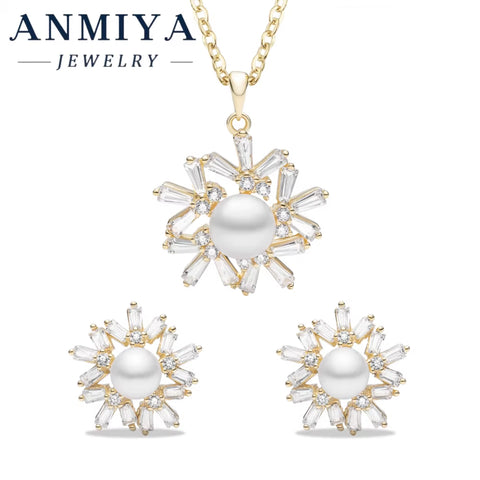 Customizable Silver 925 Jewelry Snowflake Shape Centered Pearl Inlay Necklace & Earrings Engraving Service for Gifts