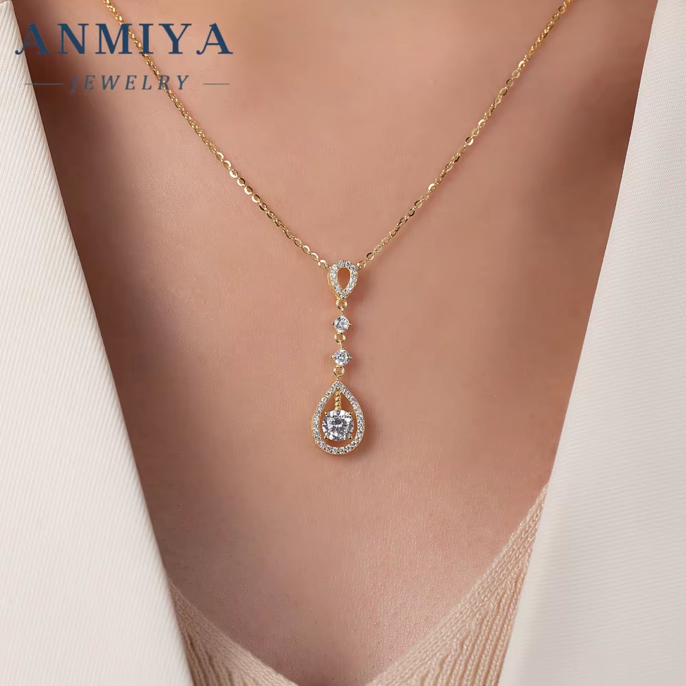 ANMIYA Original 925 Sterling Silver Long Tassel Pear Shape CZ Chain Necklace for Women Wedding Party Jewelry