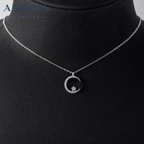 Wholesale S925 Silver Moon Necklace Cubic Zirconia Crescent Moon Star Phase Pendant Necklace for Women
