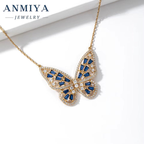 ANMIYA 2025 Light Luxury 925 Silver Cubic Zircon Necklace Colorful Big Butterfly 18K Gold Necklace Chain Necklace