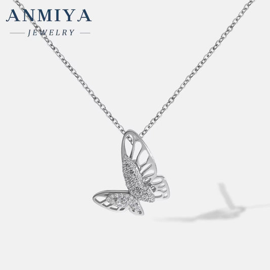 ANMIYA Jewelry 18K Gold Plated Hollow CZ Butterfly Pendant 925 Silver Necklace Fashion Jewelry for Women