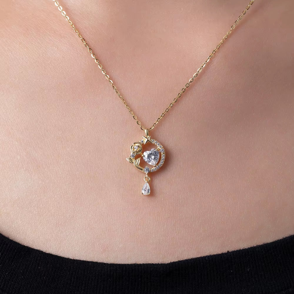 Best Selling Rose Flower Big Heart Zircon 18K Zircon 925 Silver Necklace Inoxidable for Valentine'S Day