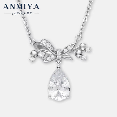 ANMIYA Custom High-End Luxury Women'S S925 Silver Water Drop Zircon Necklace with Bow Pendant