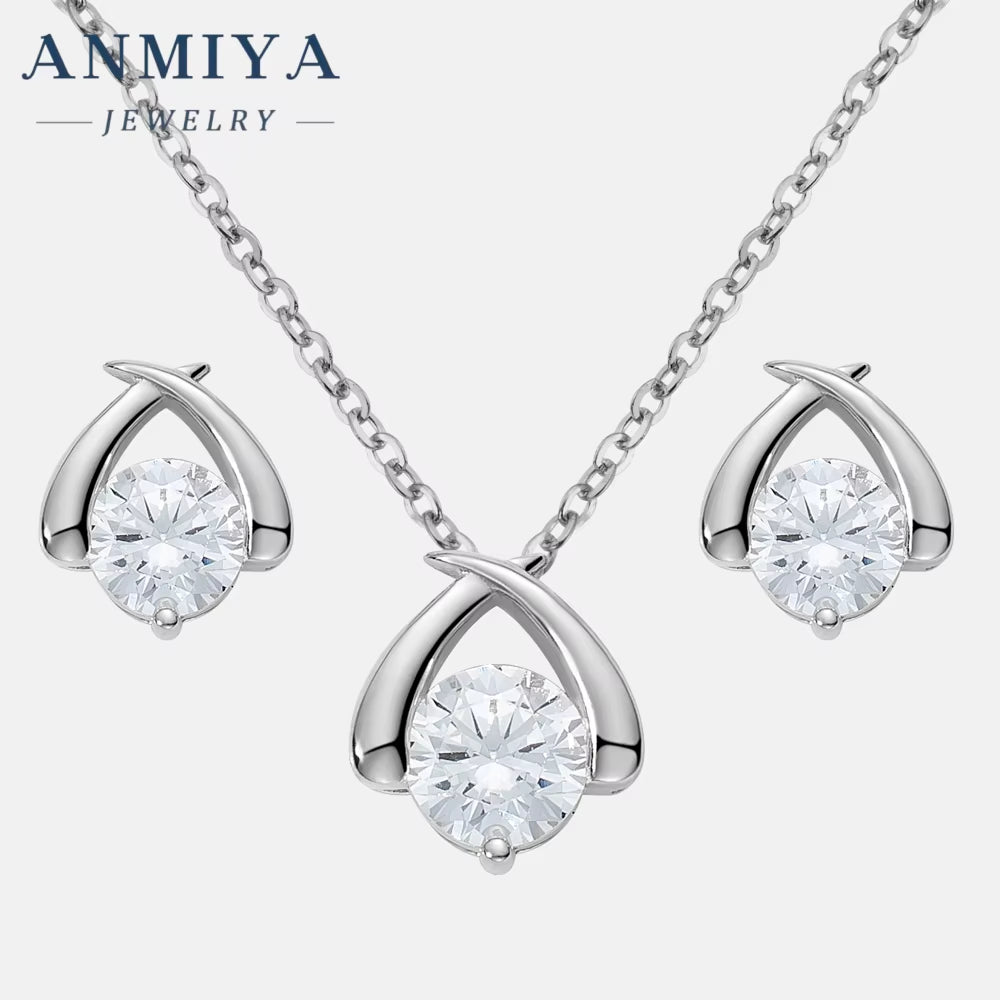 ANMIYA Sterling Silver Intersect Zc Stone Collarbone Diamond Necklace Shine Earrings Set 925 Silver for Women