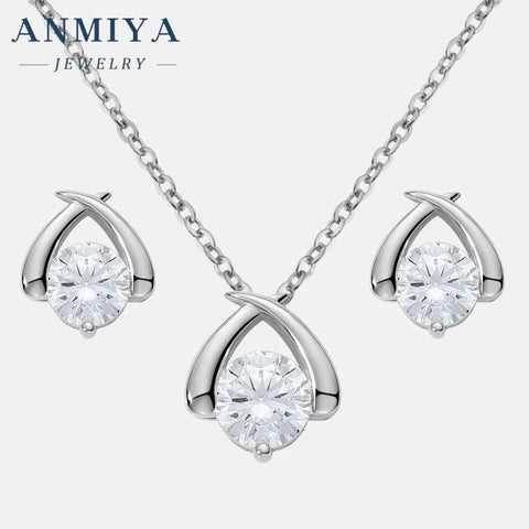 ANMIYA Sterling Silver Intersect Zc Stone Collarbone Diamond Necklace Shine Earrings Set 925 Silver for Women
