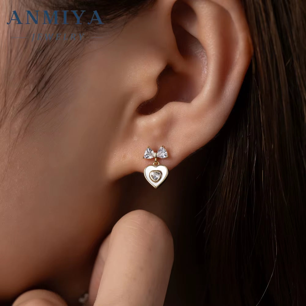 Hotsale 2024 Heart Bow Lovely Drop Earrings 925 Sterling Silver Zircon 18K Gold Filled Lady Sweet Heart Stud Earrings