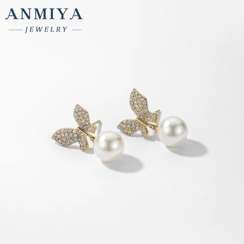 ANMIYA Best Selling Butterfly Water Resistant Zirconia Cute Sweet Earrings Stud 925 Silver High Quality Earring for Women Summer