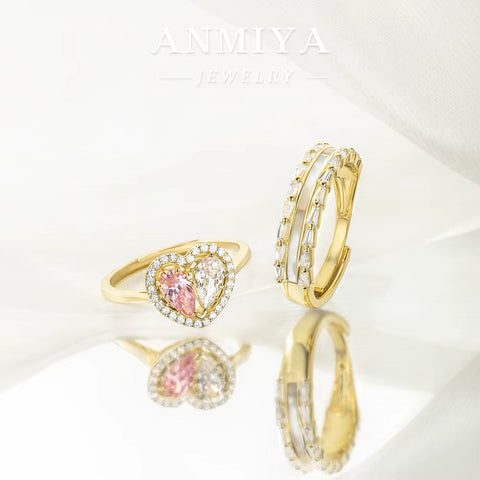 Hot Sale Custom Jewlery Design Fashion Rings Silver Gold Plated Cubic Zirconia Heart Rings for Women Valentine