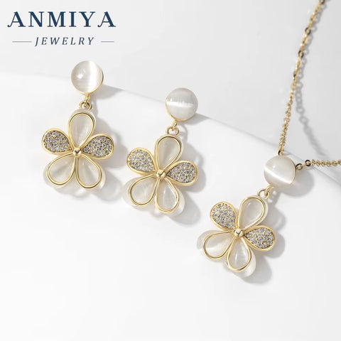 ANMIYA 925 Silver Necklace Women'S Fashion Zircon Flower Charm Pendant Necklace Earrings Set