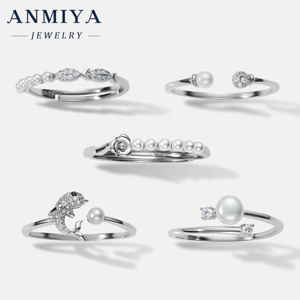 ANMIYA 925 Sterling Silver Freshwater Pearl Rings Set with Cubic Zirconic Open Ring for Lady