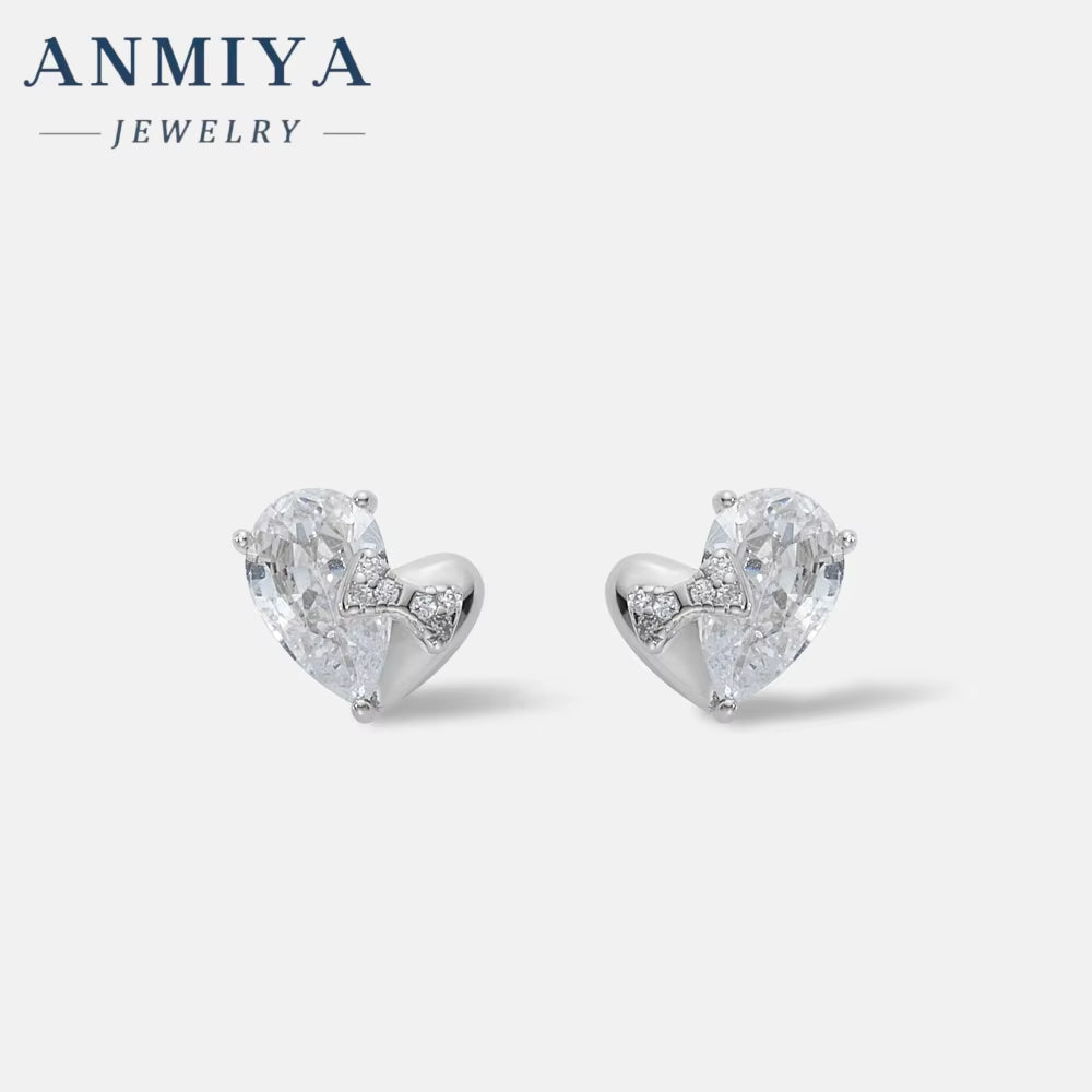 Women Simple Fine Jewelry Diamond Cubic Zircon Stone Elegant 925 Sterling Silver Heart Shaped Stud Earrings for Girls