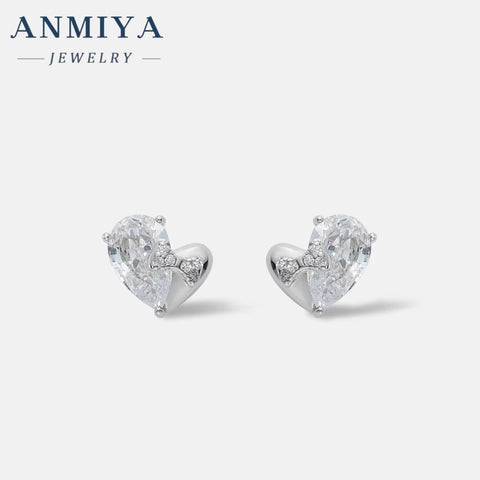 Women Simple Fine Jewelry Diamond Cubic Zircon Stone Elegant 925 Sterling Silver Heart Shaped Stud Earrings for Girls