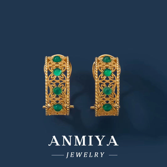 ANMIYA 18K Gold S925 Sterling Silver Vintage Unique Elegant Formal C Shape Jewelry Stud Earrings