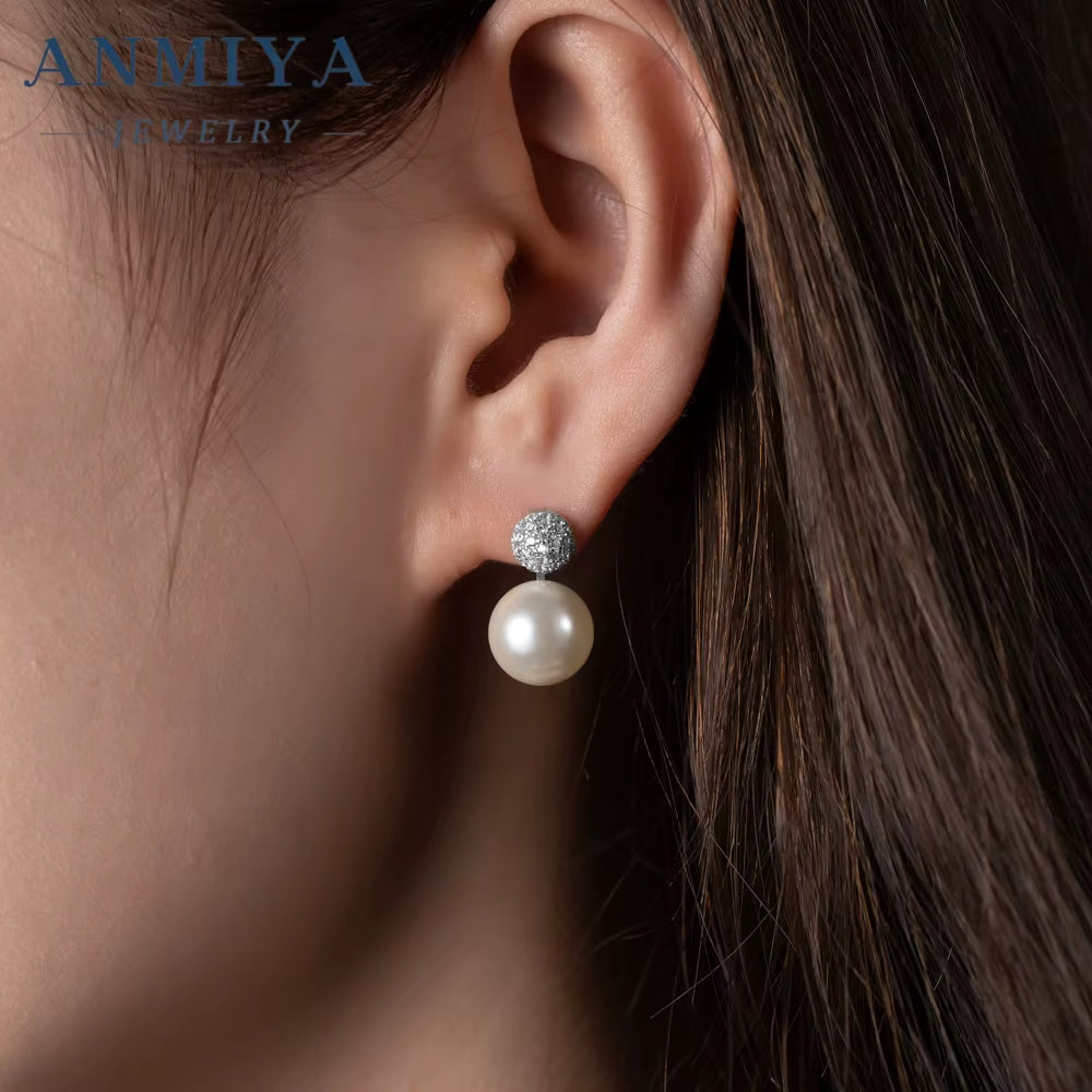 ANMIYA Classic Vintage Fashion 925 Silver Statement Cubic Zirconia Fresh Water Pearls Earrings