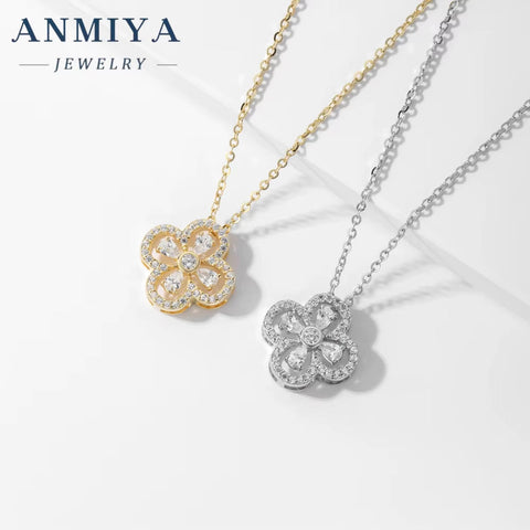 ANMIYA 18K Gold Plating Women'S Necklace Double-Sided Four Leaf Clover Pendant of 925 Sterling Silver