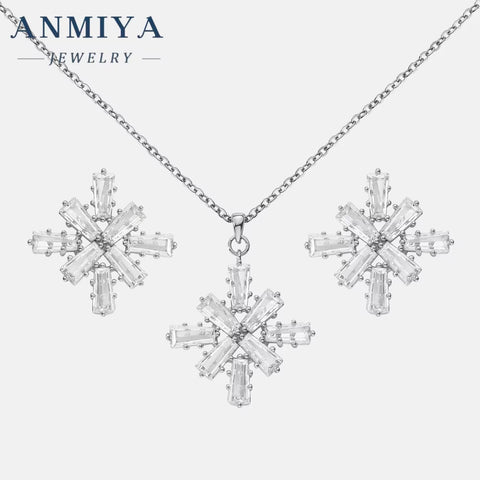 ANMIYA Full Colorful Cubic Zirconia Flower Pendant Necklace Hot Sale CZ Snowflake Pendant Necklace Earrings for Women