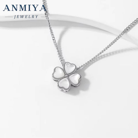 ANMIYA 925 Sterling Silver Jewelry New Trendy White Shell Four Leaf Clover Necklace for Women Wedding Party Engagement