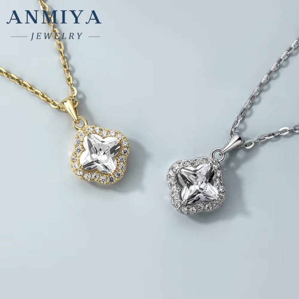 ANMIYA CUSTOM OEM Fine Jewelry Zircon 925 Sterling Silver Four Leaf Clover Flower Romantic Pendant Women Necklaces