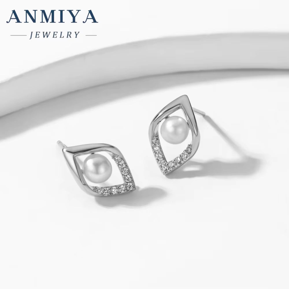 ANMIYA S925 Geometry Lake Fresh Water Pearl Earrings Glamorous White Earings Jewelry Women