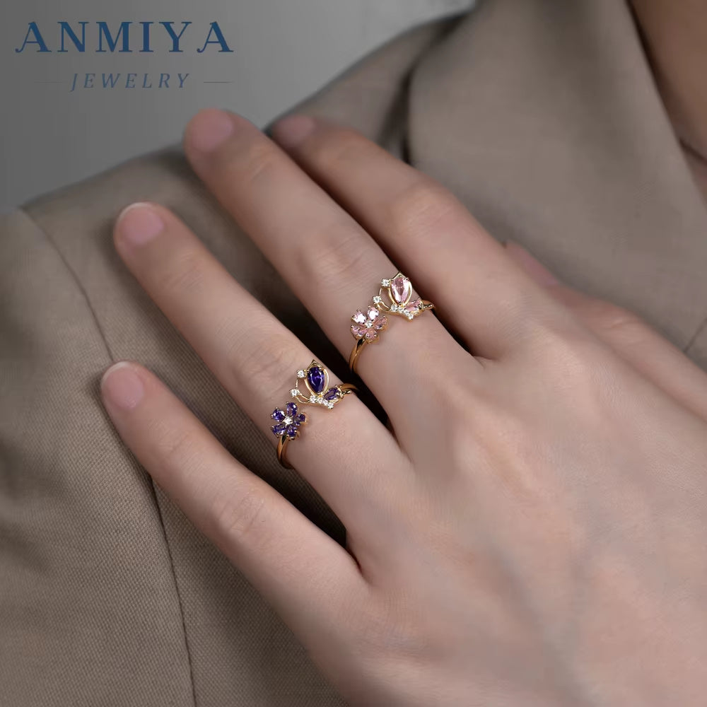 Luxury Wholesale 925 Sterling Silver Butterfly Floral Ring with Pink Purple Zircon for Party Events, Anniversary Gifts