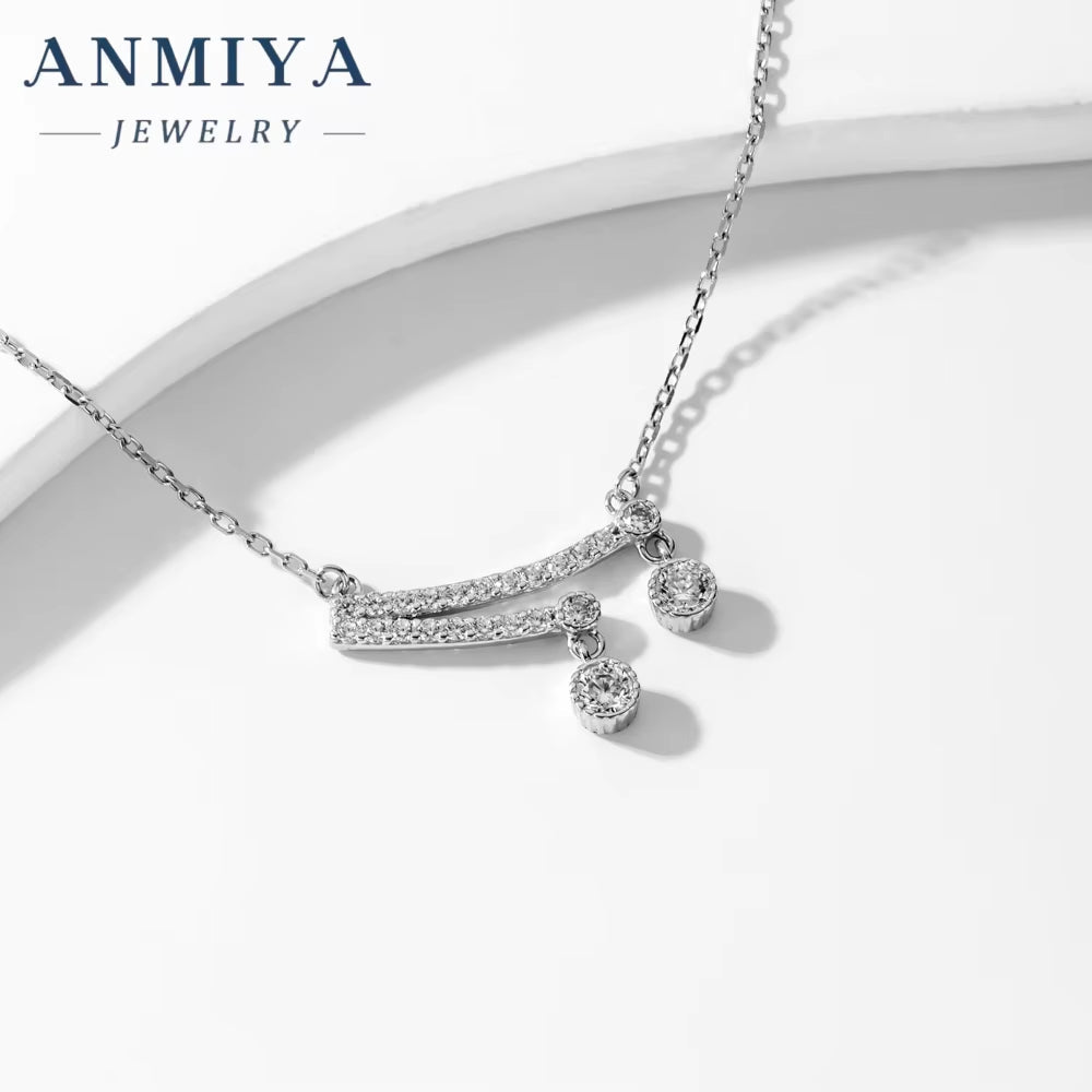 ANMIYA One-Line Shape Temperament Zircon 925 Sterling Silver Collarbone Tassel Necklaces for Women Girl Anniversary Gift